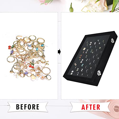 Siveit Rings Organizer Tray 10 Slots Velvet Ring Display Tray Insert Jewelry Earring Storage Box with Transparent Glass lid Can Hold 100 Rings Earrings Suitable for Girls and Women (Black) - color: Black