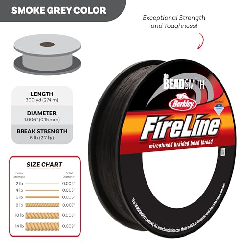 The Beadsmith Fireline by Berkley – Micro-Fused Braided Thread – 6lb. Test, .006”/.15mm Diameter, 300 Yard Spool, Smoke Grey – Super Strong Stringing Material for Jewelry Making and Bead Weaving - color: Smoke Grey, size: 6lb, .006”, 300 Yard