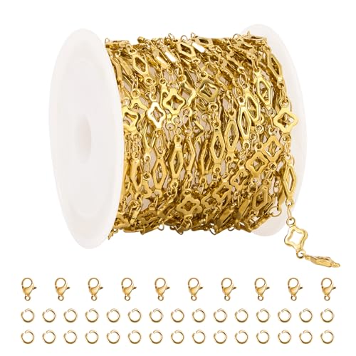 YOUBEIYEE 13 Feet Gold Plated Chain for Jewelry Making Stainless Steel Rhombic Clover Chains Bulk for Women Necklace DIY with Jewelry Accessories - color: Clover Rhombic Gold