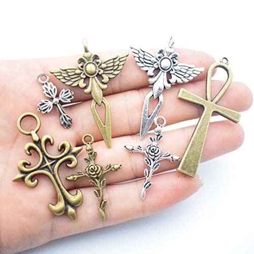 Youdiyla 100g Big Cross Pendants Collection - Antique Bronze Silver Sword Holy Angel Jesus Peace Cross Crucifix Metal Charms for Jewelry Making DIY Findings (HM23)