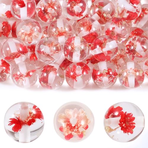 15Pcs Resin Beads Round 16mm Dried Flowers Red Fit for DIY Jewelry Bracelet Necklace Keychain Beadable Pens Mobile Phone Chain Making Cute (Flower-Red) - color: Flower-Red