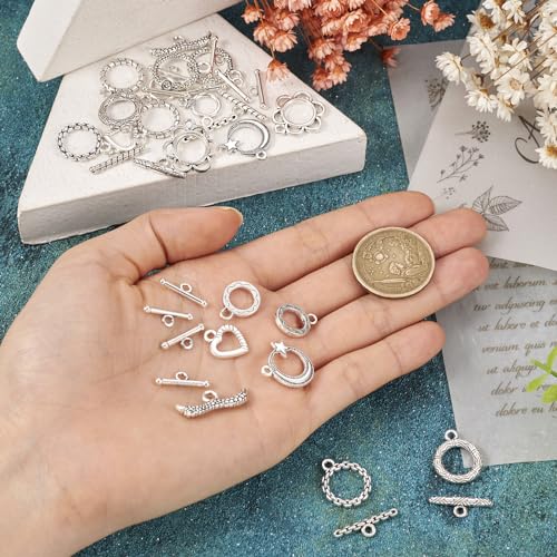 54 Pcs Antique Silver Toggle Clasps Alloy OT Toggle Jewelry Clasps Flower & Ring & Heart T-Bar Closure Clasp Fastener IQ End Connectors for DIY Necklace Bracelet Jewelry Making - color: Alloy-Heart/Flower/Ring
