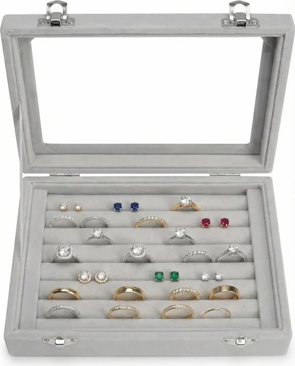 Jewelry Box Rings Organizer Tray 7 Slots Velvet Jewelry Earring Storage Box With Transparent Lid Jewelry Display Case for Girls Women (Gray) - color: Gray