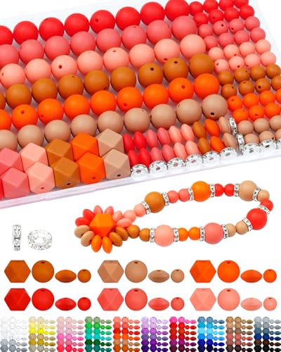 FIVEIZERO 172PCS Silicone Beads for Keychain Making, 6 Orange Shades | 4 Assorted Shapes, Includes Rhinestone Spacers, Premium Silicone, Easy to Clean, Durable and Flexible - color: orange