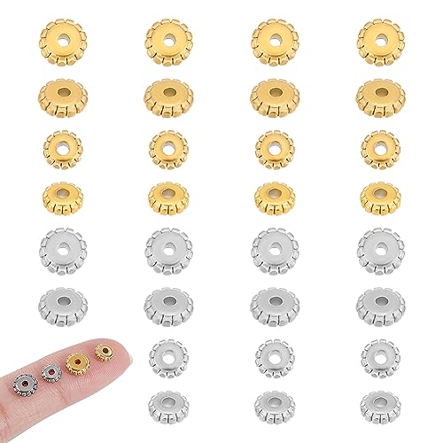 UNICRAFTALE 32Pcs 2 Colors 2 Sizes 304 Stainless Steel Disc Beads Metal Flat Flower Shape Spacer Caps Bead Half Round Bead Caps Spacer Beads for Bracelet Jewelry Making - size: 5-6mm