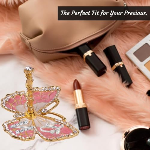 Matashi Butterfly Jewelry Holder for Women, Enamel - Gold Plated Jewelry Stand Organizer Ring Holder w/Crystals, Gift for Mom on Christmas, Mother’s Day, Birthday, Anniversary, Valentine’s Day, Pink - color: Pink