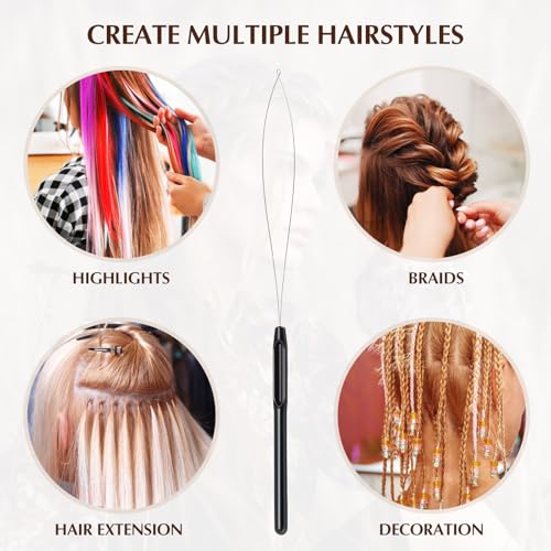 10Pcs Hair Extension Tools, Hair Loop Styling Tool, DIY Pulling Hook Needle Bead Device for Hair Extension Beads and Automatic Needle Threading (Black)