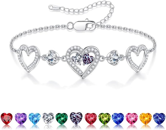 Iefil Valentines Day Gifts for Her - 925 Sterling Silver Heart Birthstone Bracelet Birthday Anniversary Jewelry Gifts for Her Wife