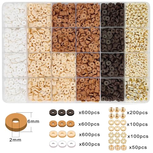 MIIIM Neutral Clay Beads Kit for Bracelets Making, Heishi Beads for Friendship Bracelet, Clay Charms and Gold Spacers for Jewelry Making, Crafts, Concert, Raves, Gifts (Golden Brown Cream) - color: Golden Brown Cream