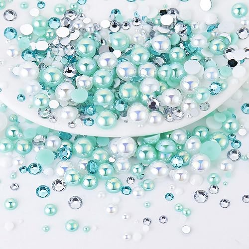 60g Mixed Flatback Pearls and Rhinestones for Crafts, Tumblers, Shoes, Face Nail Art, 2mm-10mm Half Pearls and Flatback Rhinestones for Bedazzling, Aquamarine|White - color: Aquarius Blend | Mix Aquamarine | White