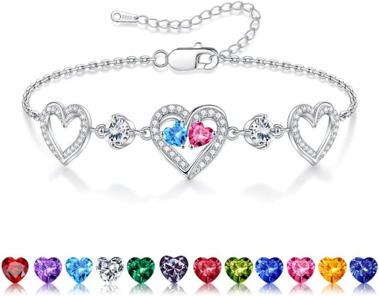 Iefil Valentines Day Gifts for Her - 925 Sterling Silver Heart Birthstone Bracelet Birthday Anniversary Jewelry Gifts for Her Wife