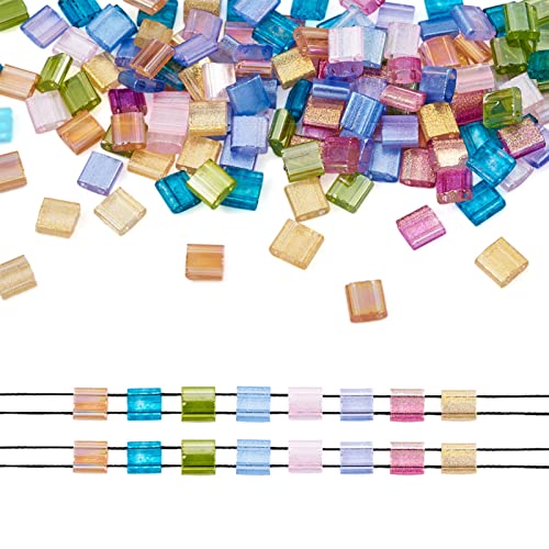 160pcs 2-Hole Glass Tila Beads 5x4.5-5.5x2-2.5mm 8 Colors Transparent Spray Painted Square Rectangle Seed Beads with Glitter for DIY Pendants Bracelets Jewelry Making, Holes: 0.5-0.8mm(Mix Color#1)