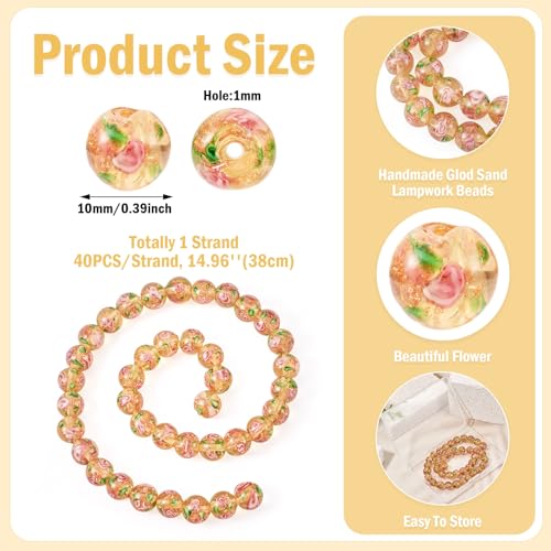 Cheriswelry 40Pcs/Strand Gold Sand Lampwork Beads Handmade Glass Round with Flower Loose Beads 10mm for Rosary Making Necklace Earring Jewelry Supplies(Gold) - color: Gold