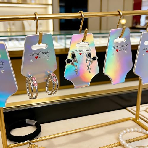 210 PCS Bracelet Holographic Display Cards Sturdy Necklace Holder Cards Self Adhesive Jewelry Packaging Selling Card for Small Business of Keychain Earring Hair Band and Scrunchies Hanging - color: 210 Holographic