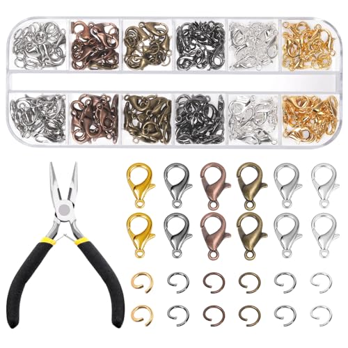 Tanstic 241Pcs 6 Colors Lobster Claw Clasps and Open Jump Rings Kit, 12mm Lobster Clasps, 5mm Jump Rings with Needle Nose Pliers for DIY Bracelet Necklace Jewelry Making - color: 6 Colors Jewelry Clasps + Jump Ring