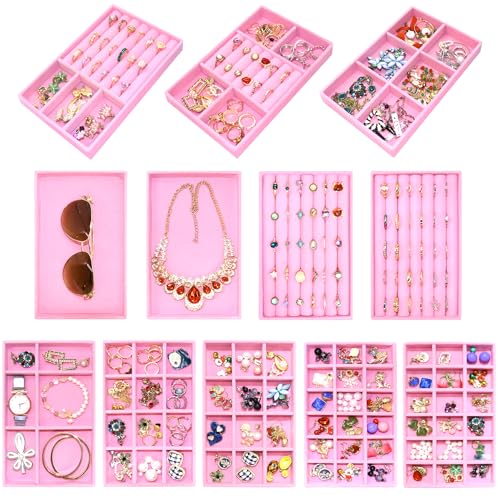 12 Set Jewelry Tray Stackable Velvet Jewelry Organizer Trays for Drawers Inserts Earrings Necklace Rings Jewelry for Women - color: Pink, size: 12 Pcs