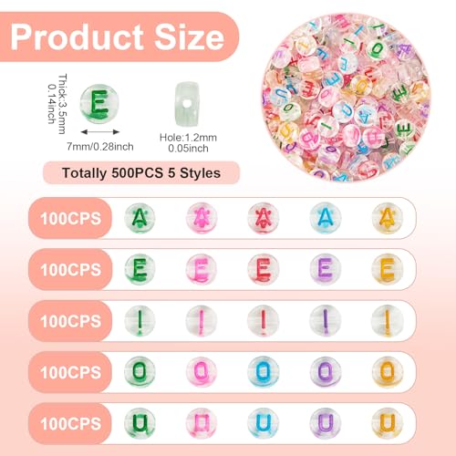 500Pcs Transparent Vowel Letter Acrylic Beads Clear Colorful Flat Round Capital Letter Alphabet Loose Spacer Beads for DIY Bracelet Necklace Keychain Jewelry Making 7x3.5mm - color: Transparent