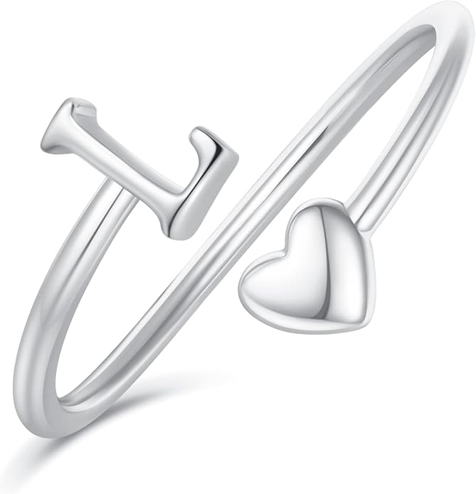 Initial Rings for Women Girls - Valentines Day Gifts for Her, Adjustable Rings for Women Non Tarnish Letter A-Z Dainty Heart Ring Teen Girls Gifts Trendy Stuff Personalized Jewelry Gift