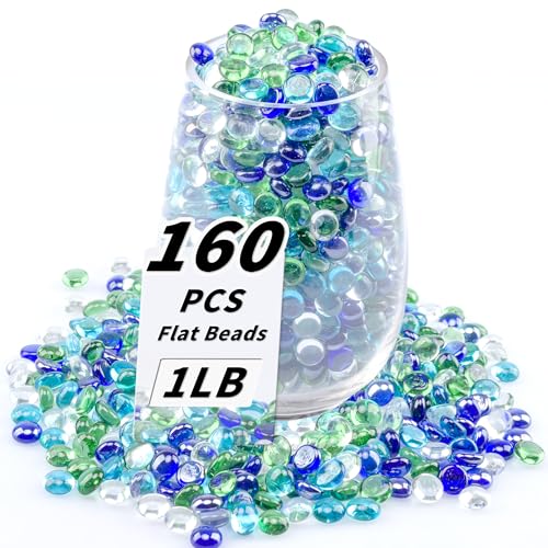 1 LB Flat Glass Beads, 150PCS Small Glass Marbles, Mini Flat Round Pebbles for Vase Filler and Floral, Fish Tank Rocks Decorative Gemstones for Home and Aquarium Décor,Mixed Green and Blue - color: Green-blue