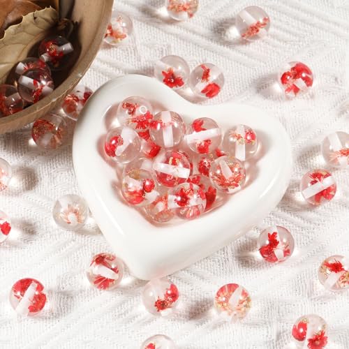15Pcs Resin Beads Round 16mm Dried Flowers Red Fit for DIY Jewelry Bracelet Necklace Keychain Beadable Pens Mobile Phone Chain Making Cute (Flower-Red) - color: Flower-Red