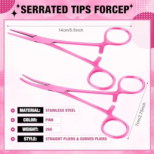 BBTO Hemostat Curved and Straight Hemostat Forceps Piercing Pliers Forceps, Stainless Steel Straight and Curved Pliers, Fishing Tweezer(Pink,2 Pcs) - color: Pink