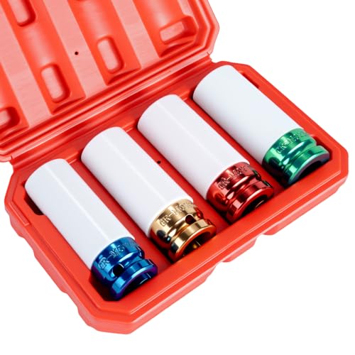 1/2" Drive Wheel Protector Impact Socket, Non-Marring Lug Nut Thin Wall Deep Socket Set, CR-MO, 6 Point, Color-Coded Protective Socket | Metric 17 19 21 22 mm (4 PCS) - size: 1/2" Color Impact Sockets 4pcs