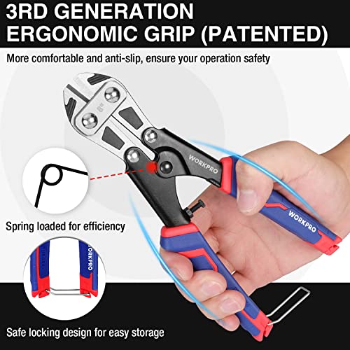 WORKPRO Mini Bolt Cutter 8-inch, Spring Loaded Wire Cutters Heavy Duty with Soft Anti-slip Handle, Small Bolt Cutter, Wire Cable Cutter, Spring Snips Clippers (Upgrade Grip) - size: 8-inch/210mm, style: Upgraded Handle