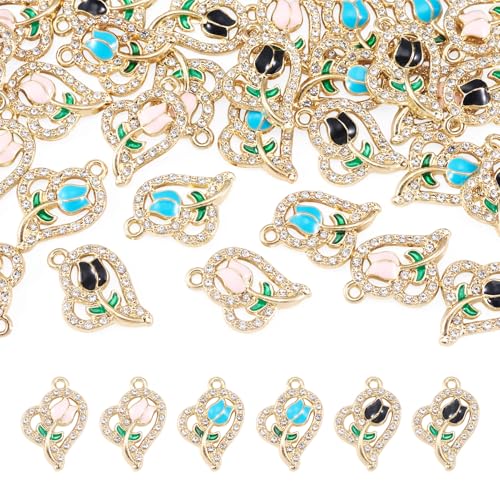 FASHEWELRY 30Pcs Heart Crystal Rhinestone Pendants Valentine Day Love Heart with Rose Flower Charms Light Gold Metal Dangle Charms for Bracelet Necklace Earring Jewelry Making Craft - color: Heart with Flower-3 Colors