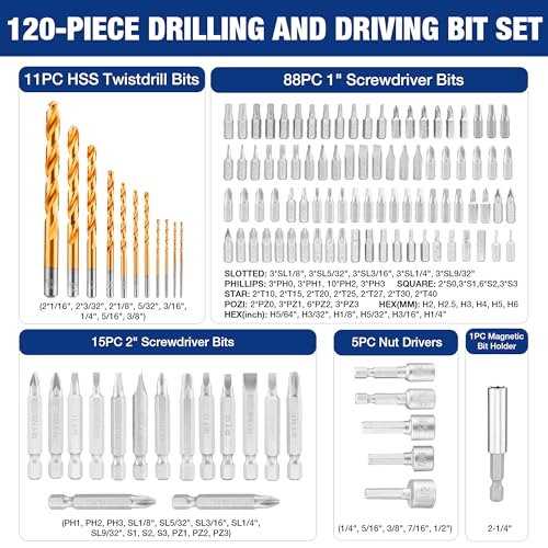 WORKPRO Drill Bit Set, 120-Pieces Impact Driver Bits Set and Screwdriver Bits Set for Screw Driving and Wood Metal Drilling with Storage Case, 1/4" Hex Shank - style: 120 PCS