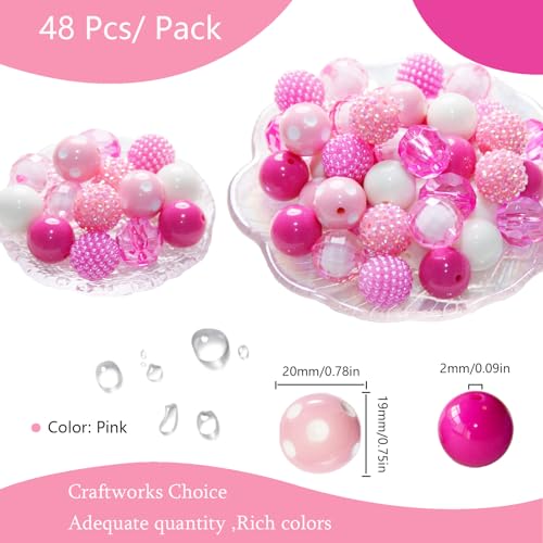 48 Pcs 20mm Beads for Pens Rhinestone Bubblegum Beads Mixed Crystal Acrylic Round Chunky Bead Sparkly Craft Large Balls Bead for Pen Beadable Keychain Bracelet Necklace DIY Jewelry Making Supplies - color: Pink series