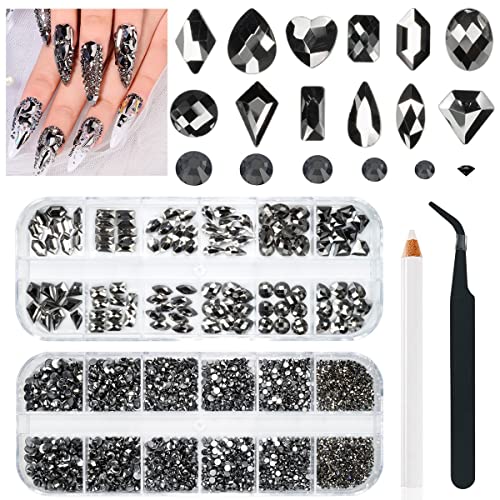2630Pcs Mine Black Nail Rhinestones 120 Multi Shapes Metallic Black Big Gems Nail Charms +2510 Flatback Rhinestones Round Beads K9 Glass Stones Nail Art Diamonds jewels for Nails Eyes Makeup Crafts - color: Metallic Black, size: A Set