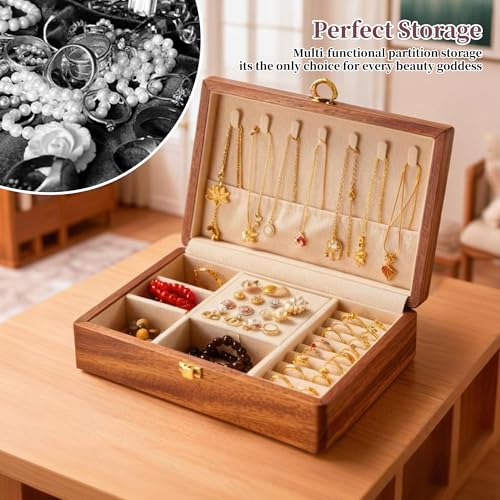 Travel Jewelry Case Small Wood Jewelry Organizer Jewelry Box for Women (Nut-Brown Print C) - color: Nut-Brown Print C