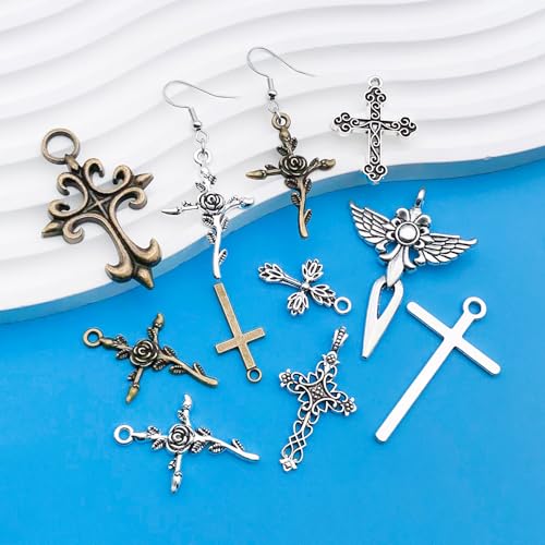 Youdiyla 21pcs Alloy Ancient Silvery Ancient Cyan Cross Series Pendant Jewelry Making DIY Keychain Earrings Pendant Various Design Charms for Jewelry Making Bracelets Necklace (M23) - color: M23
