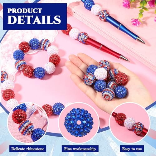 40 Pcs 20 mm Rhinestone Beads Bulk Crystal Round Disco Ball Chunky Bubblegum Beads for Pens Bracelets Charms Craft European Style Jewelry Making Supplies Christmas (4th of July Color) - color: 4th of July Color