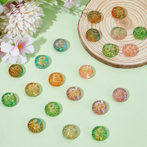 1 Box About 40Pcs Glass Flat Round Beads Metal Enlaced Flower Pink Green Transparent Bohemian Charm Golden Sunflower Paint Vintage Bead for Jewelry Making Bracelet Keychain Diy Craft Supply