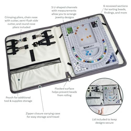 The Beadsmith Bead Folio Kit – Basic Elements – 28” U Channel Bead Board with Lid, Zippered Storage Case & 4-Piece Plier Set– Keep Your Designs, Beads & Tools Secure – Jewelry Making Supplies - size: 28" - U Channel Folio w/Pliers