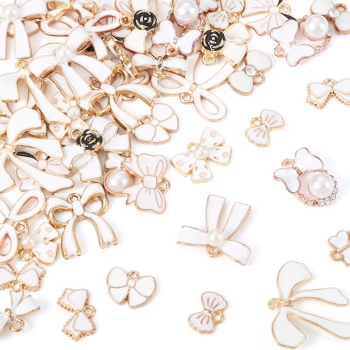 Craftdady Enamel Dangle Charms Pendant Food Animal Flower Cute Charms Colorful Metal Fruit Pendants Hang Ornament for Craft Bracelet Necklace Earring Key Chains Jewelry Making - color: White Bowknot