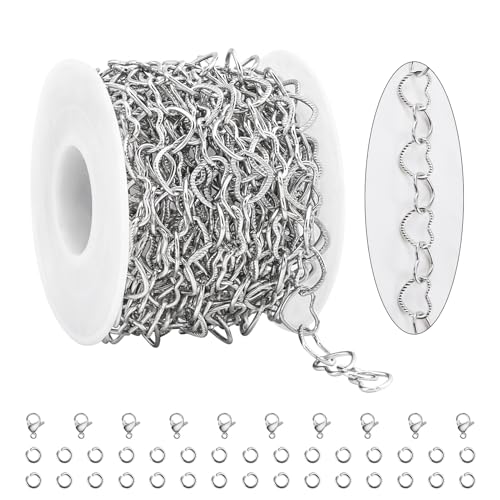 KYUNHOO 5 Meters Hollow Heart Chain for Jewelry Making Silver Embossed Heart Jewelry Links Stainless Steel Necklace Making Chains Bulk for Men Women DIY Handcrafts Finding Supplies - color: Heart Silver