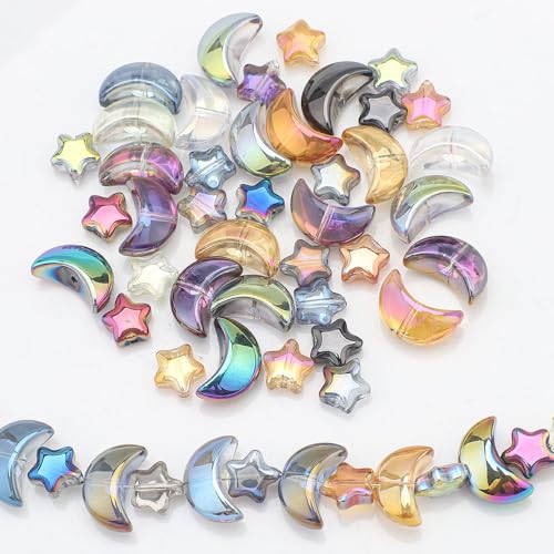 Glass Beads, KLFHS 60PCS Mixed Color Star and Moon Glass Beads for Jewelry Making, Cute Unique Bead Bulk Spacer Bead for Jewelry Bracelet Necklace Earring Craft Supplies DIY - color: Star-moon