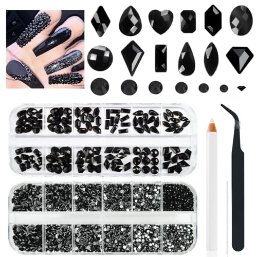 qiipii 4080Pcs Black Nail Rhinestones Crystal Flatback Jet Black Rhinestones Round Beads Glass Gems Stones Nail Art Gems Diamonds jewels Multi Shapes Sizes Nail Charms for Nails Eyes Makeup DIY Crafts - color: Jet Black, size: A Set