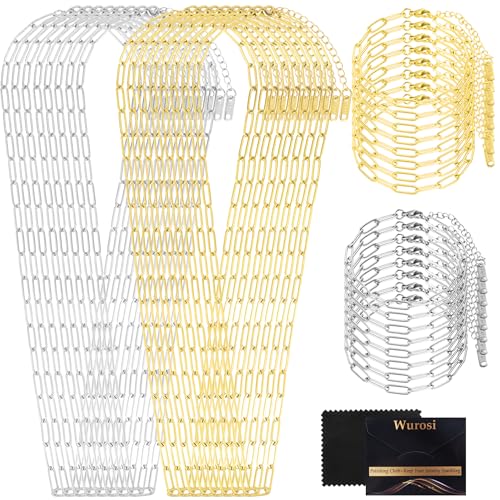 Wurosi 32 Pcs 18K Gold Plated Chain Necklace Bracelets Kit, Paperclip Chains, 18 Inch Bulk Charm Necklace Chain for Jewelry Making, Paperclip Bracelets for Women - color: 32 PCS 18K Gold+Silver