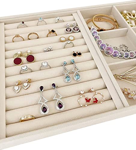 Large Beige Premium Quality Velvet Jewelry Display Box Tray Stackable Practical Trade Show Home Store 6 Grid and Ring - color: 6 Grid Rings