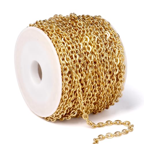 33 Feet 18K Gold PVD Plated Stainless Steel Cable Chain Bulk, 3mm 304 Stainless Steel Flat Cable Link Chains Roll Spool for Jewelry Making Necklace DIY Craft - color: Gold Color, size: 3.0mm width