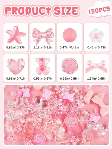 Acrylic Pastel Beads for Jewelry Making, Kalolary Colorful Bow Butterfly Flower Beads Kawaii Plastic Candy Heart Bead Cute Macaroon Aesthetic Bead for Bracelet Necklace DIY Supplies (Pink) - color: Pink