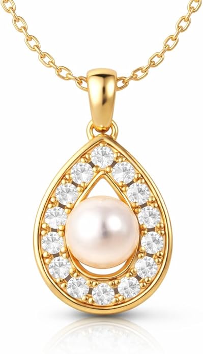 Pearl Pendant Necklace for Women, Freshwater Cultured Single Pearl Necklace with Moissanite Accents, Dainty Gold Necklace for Women, 18K Gold Plated Sterling Silver, Pearl Jewelry Gift for Her Anniversary Birthday