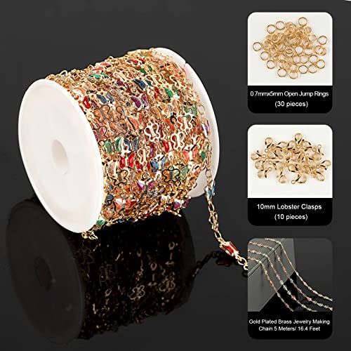 16.4 Feet Gold Plated Necklace Chain for Jewelry Making, Colorful Rhinestone Butterfly Cable Link Chain Bulk with Open Jump Rings and Lobster Clasps - color: Colorful Butterfly- Gold