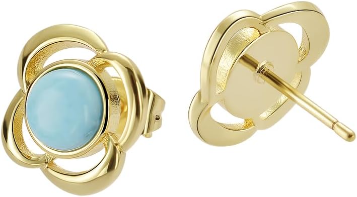 Larimar Stone Stud Earrings for Women, Gold Plated Brass