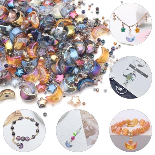 620pcs Mixed Star Moon Glass Beads for Jewelry Making, Shaped Star Moon Spacer Beads with Glass Seed Beads for DIY Supplies Bracelets Necklaces Earrings - color: colorful