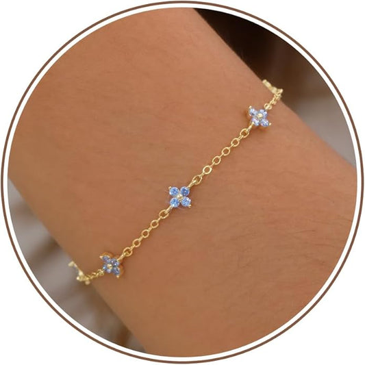 JSJOY Birthstone Bracelets for Women, 14K Gold Bracelets for Women Mom Gifts Birthday Valentines Day Gifts for Gf Dainty Flower Gift for Her Birthstone Bracelet Mothers Day Gift