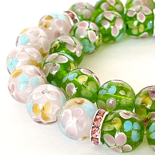 Artsy Crafts 20 Pcs 12mm Lampwork Flower Glass Beads, European Murano Glass Beads, Handmade Loose Crystal Beads for Jewelry Making Charm Bracelet Necklace Earrings Rosary (Green + Pink) - color: Green + Pink